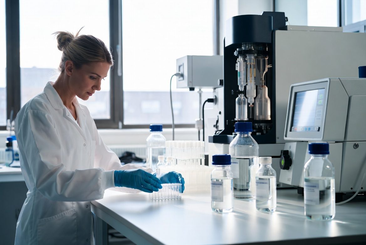 Technician in a water-quality laboratory loading sample vials into an autosampler rack beside a benchtop analyzer