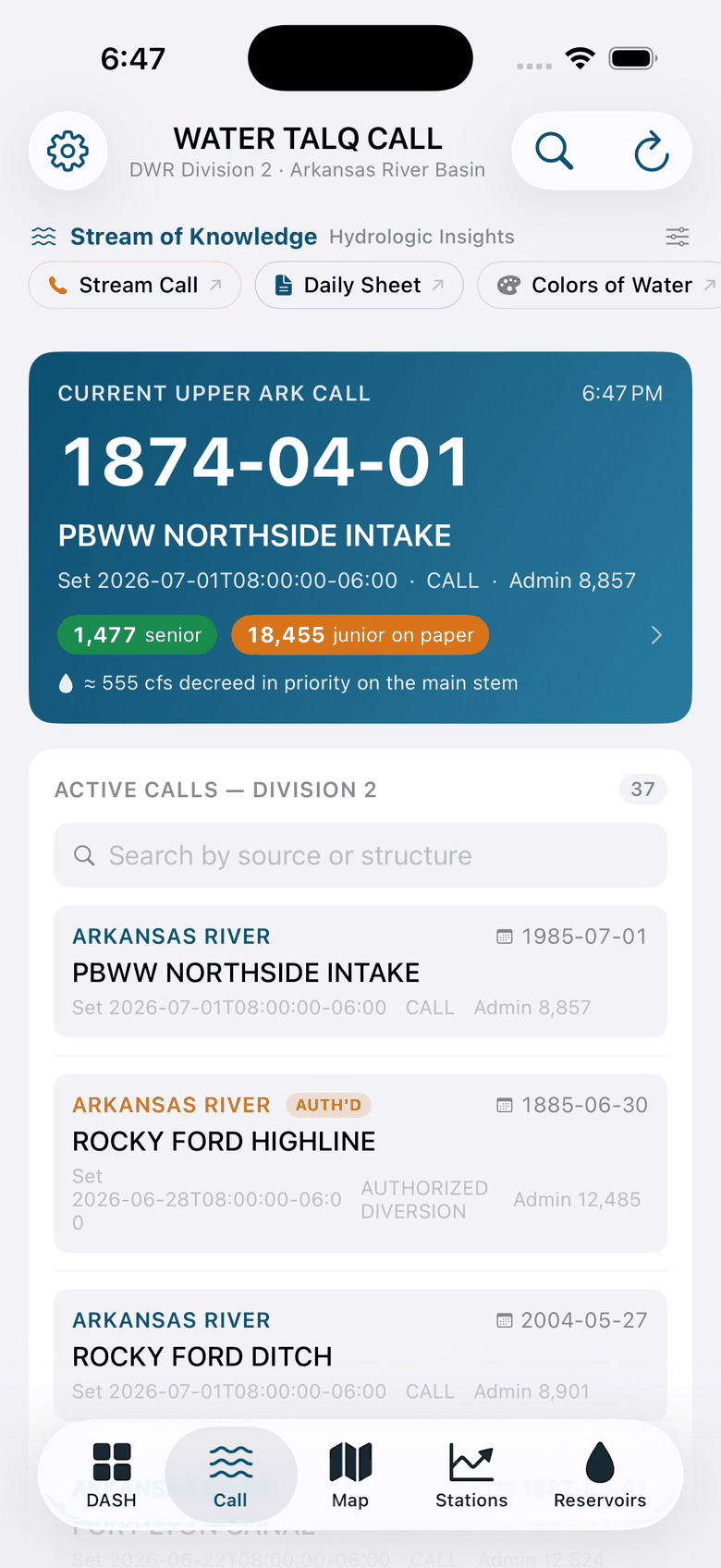 WaterTALQ Call screen showing the current Upper Arkansas call at priority date 1874-04-01 for PBWW Northside Intake, with the active calls list for DWR Division 2